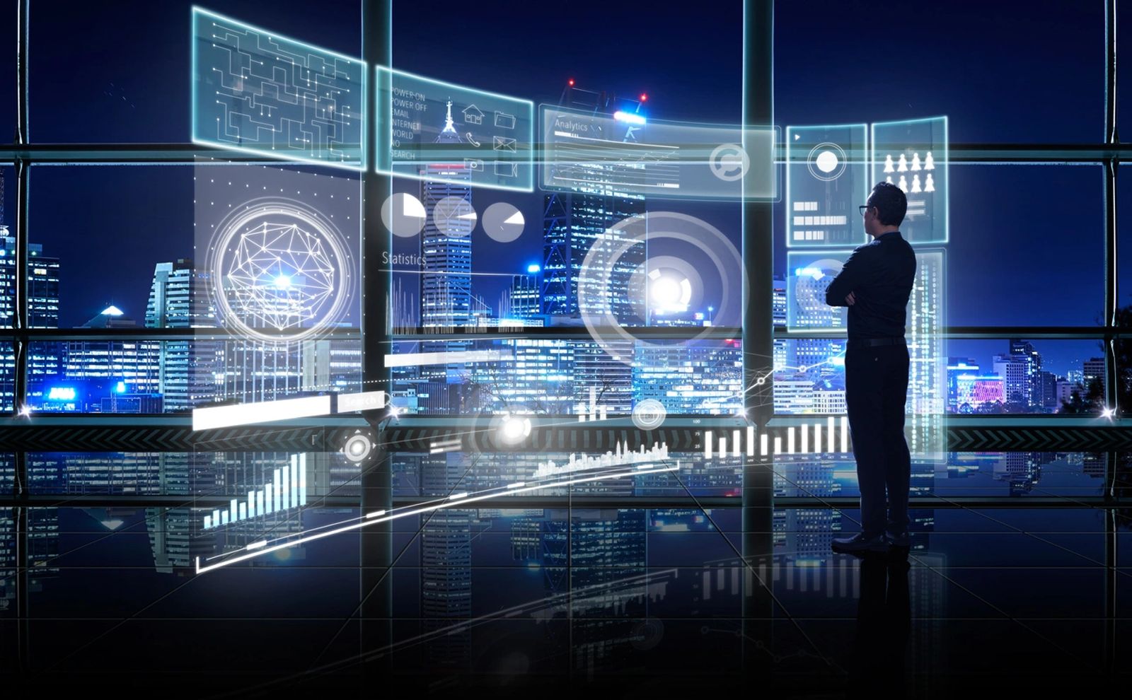Man analyzing futuristic digital data screens in a city at night.